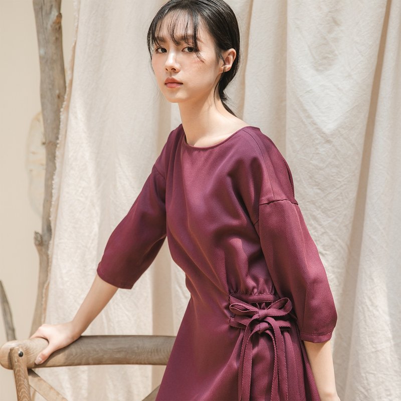 Fume_烟岚细褶绑带洋装_20AF150_深樱粉 - 洋装/连衣裙 - 棉．麻 粉红色