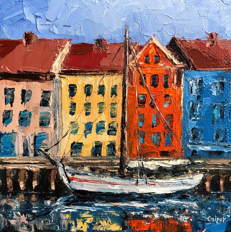 Original Oil Painting On Canvas Sailboat Cityscape Painting Textured Impasto Art - 墙贴/壁贴 - 棉．麻 多色