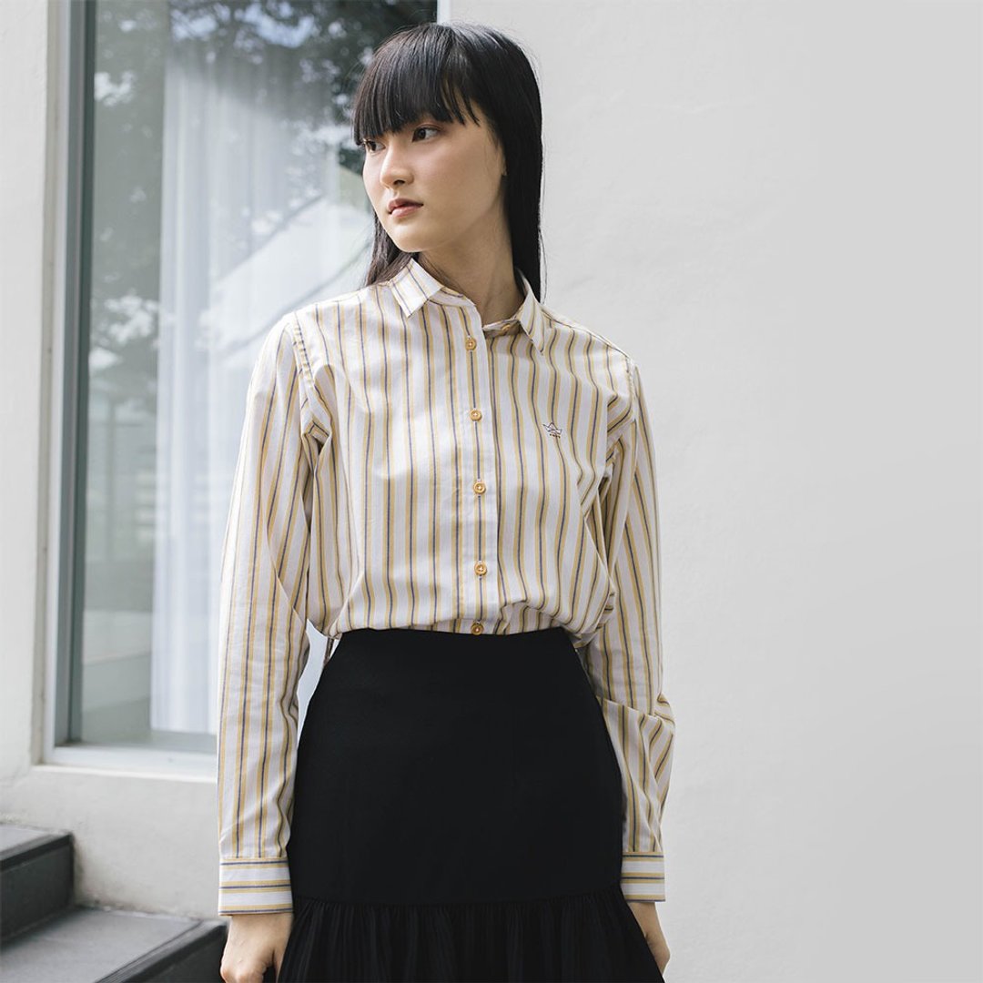 (SOLD) SHIP // yellow stripe // women long sleeves - 女装衬衫 - 棉 黄色