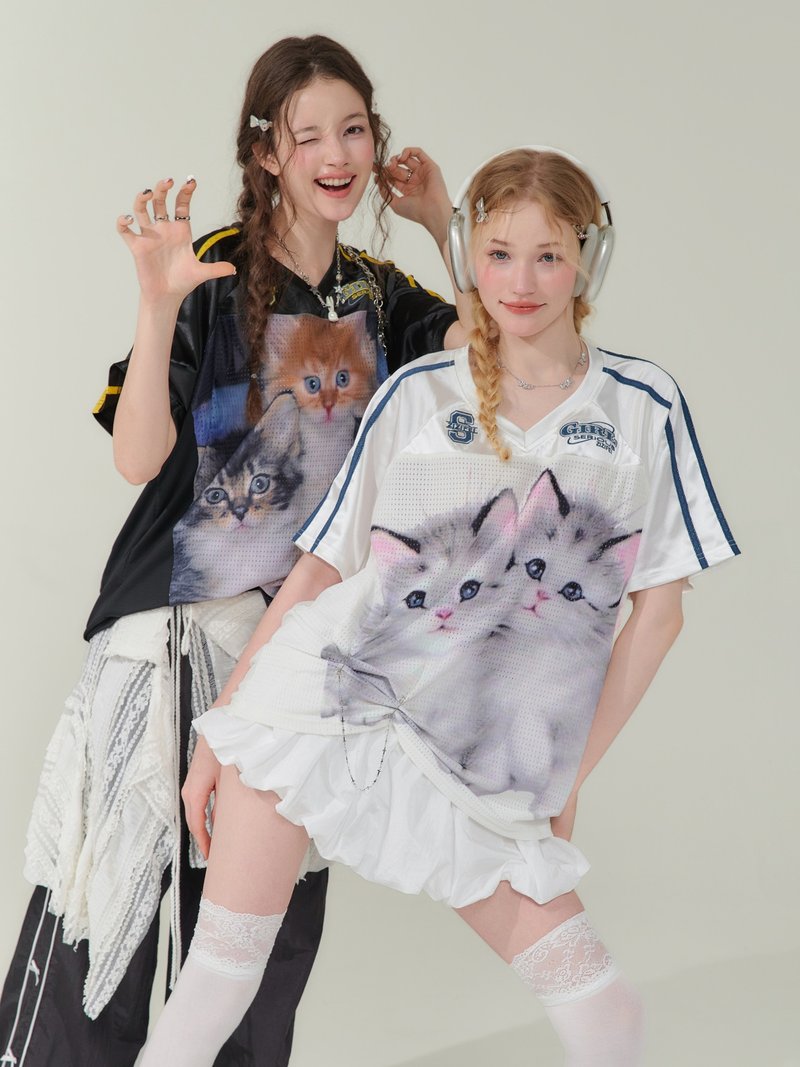 ziziFei夏新款美式复古设计感猫咪印花宽松V领速干运动短袖T恤女 - 女装 T 恤 - 其他材质 