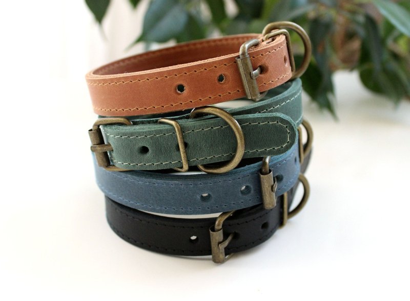 真皮简约狗项圈宠物项圈小型犬猫小狗皮革 - 项圈/牵绳 - 真皮 多色