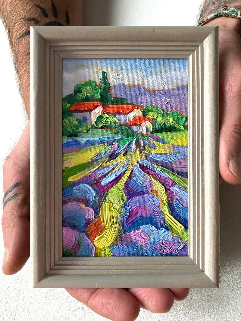 薰衣草田绘画托斯卡纳原创艺术风景油画厚涂小幅艺术品 4x6 托斯 - 墙贴/壁贴 - 木头 