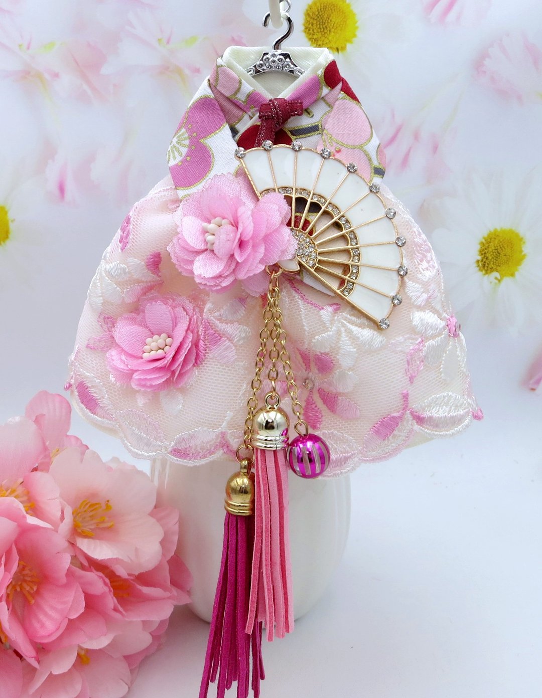 柠檬手作饰品 流苏钻扇纱花韩服手作钥匙圈包包吊饰 - 钥匙链/钥匙包 - 棉 