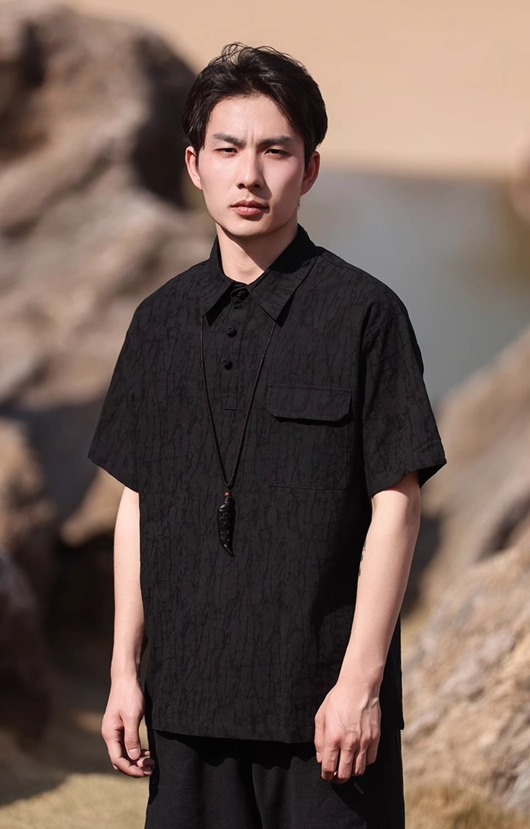 新中式复古 亚麻衬衫唐装 寬鬆短袖T恤 - 男装上衣/T 恤 - 其他材质 黑色
