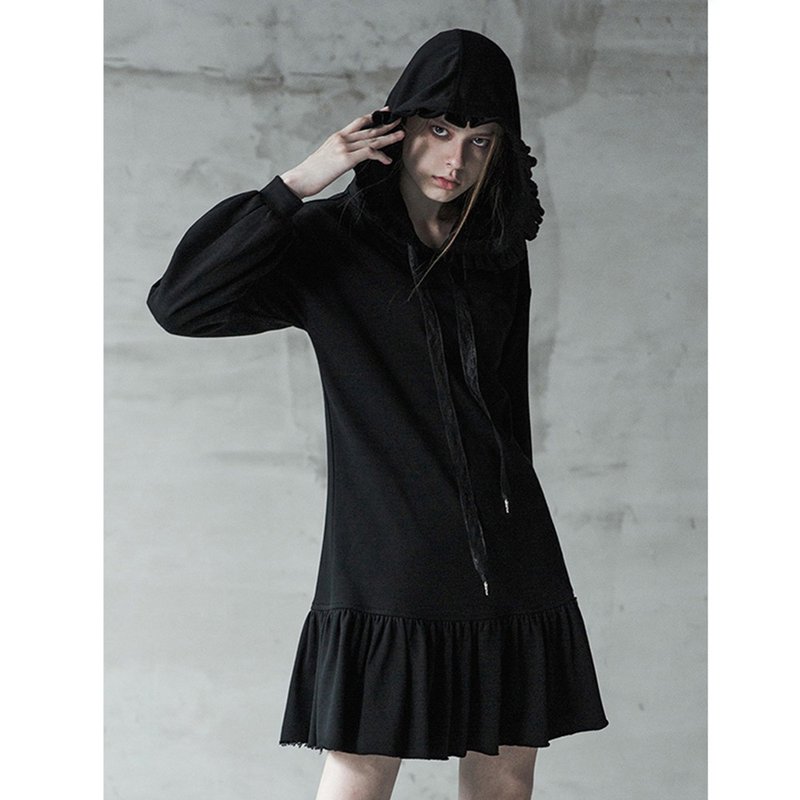 庞克妖精假两件式荷叶衣裙 - 洋装/连衣裙 - 棉．麻 黑色
