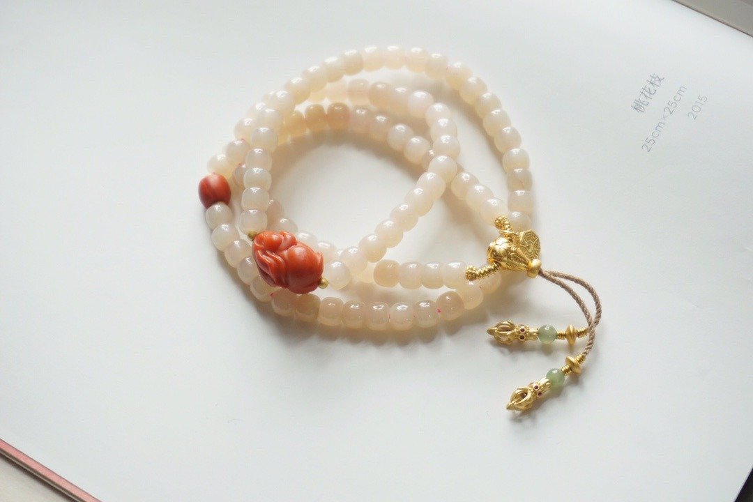 5mm 天然和阗玉/和田玉 - 藕粉玉 南红小兔子 设计多圈手串项链 M - 手链/手环 - 宝石 粉红色