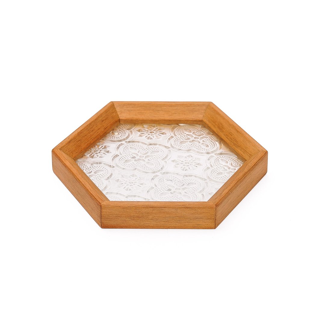 独家订制。压花玻璃桧木浅盘/饰品收纳盘—海棠花 - 杯垫 - 木头 咖啡色