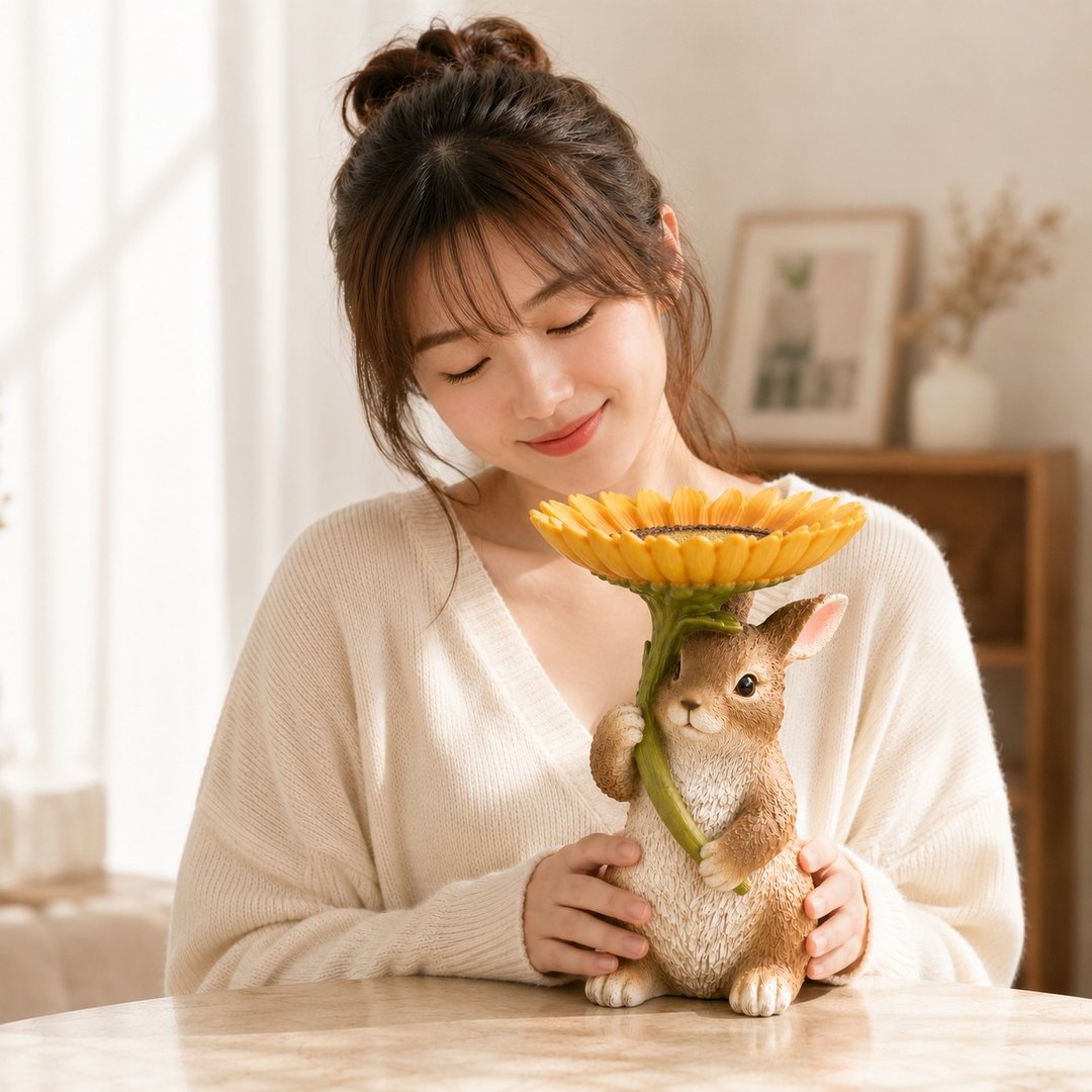 ZOOCRAFT 拟真动物系列 兔子拿向日葵花朵造型钥匙饰品零钱收纳座 - 收纳用品 - 树脂 咖啡色