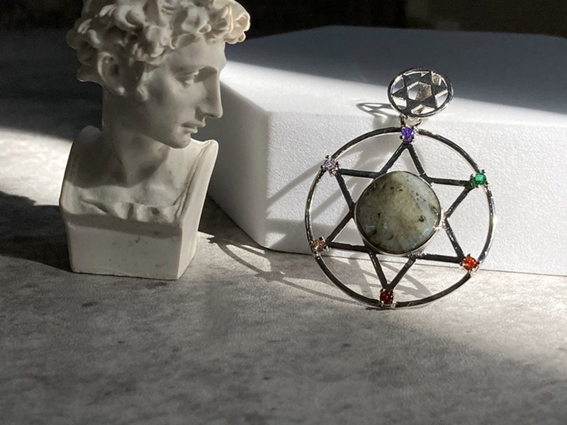 【水晶能量放大器。双六芒星吊坠】放大脉轮震动、莱茵石、拉长石 - 锁骨链 - 其他材质 蓝色