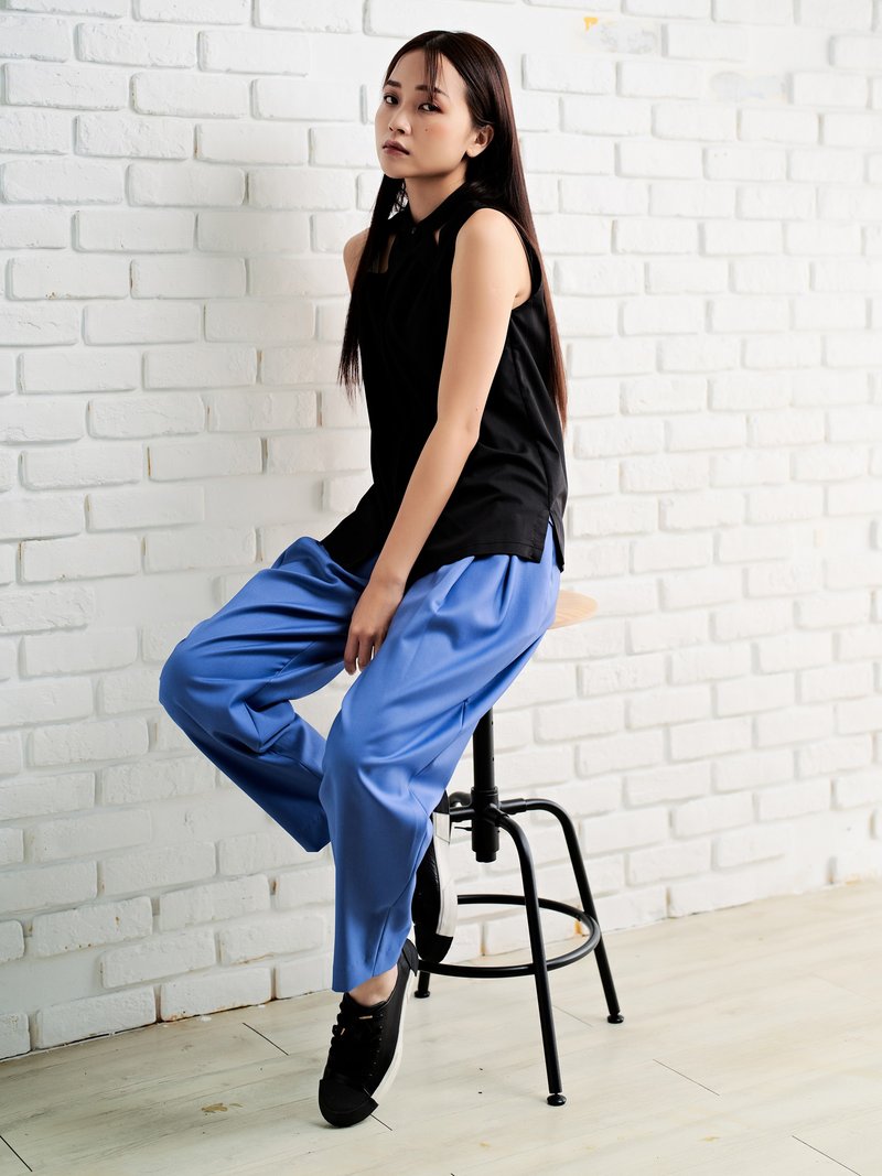 上宽下窄抓褶锥形裤-宝蓝 - 女装长裤 - 羊毛 蓝色