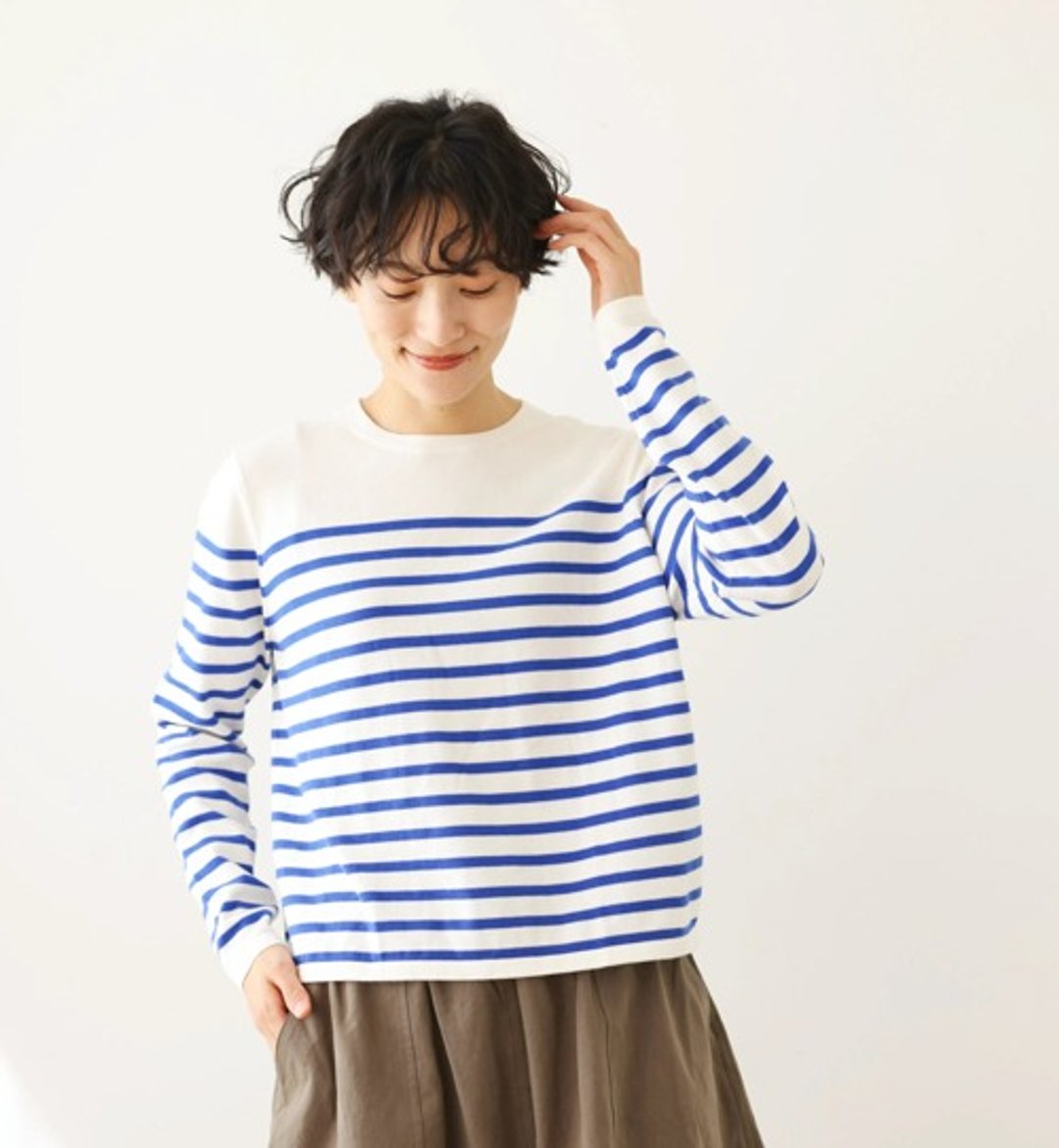 随时可穿的信赖条纹针织衫 撞色设计 长袖毛衣 白 x 蓝 240918-1 - 女装上衣 - 棉 蓝色