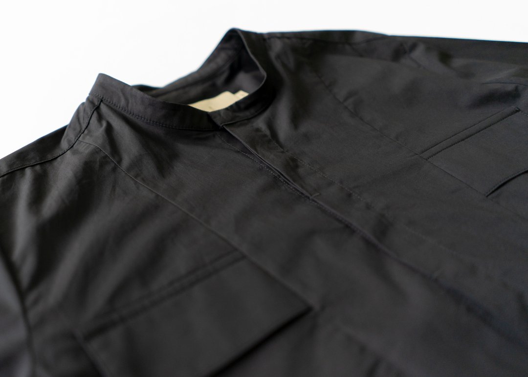 Stand Collar Pocket Shirt - Black - 男装衬衫 - 棉．麻 黑色