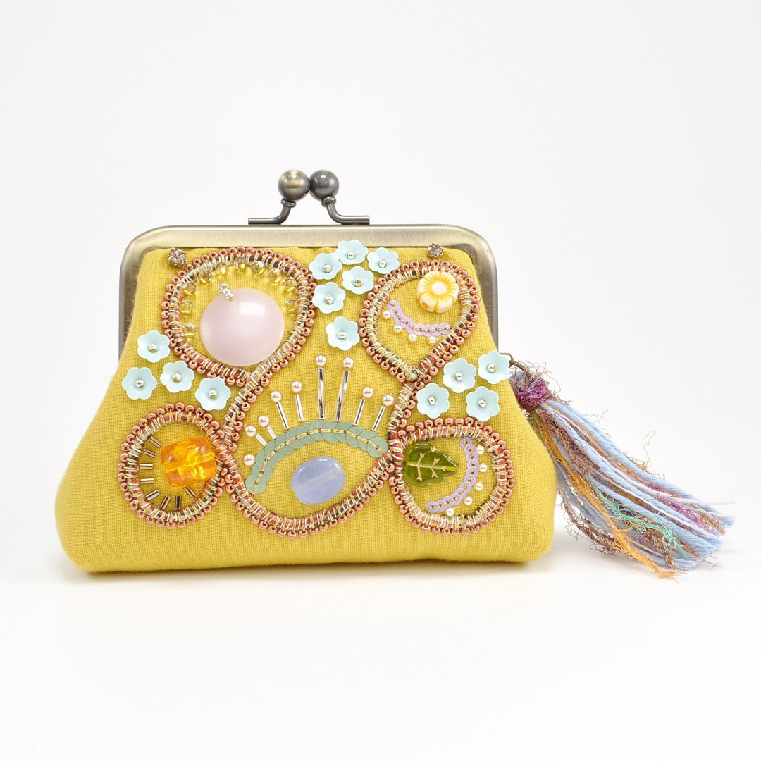 Wide open sparkle and statement purse, yellow  purse,embroidered purse, 2 - 零钱包 - 棉 黄色