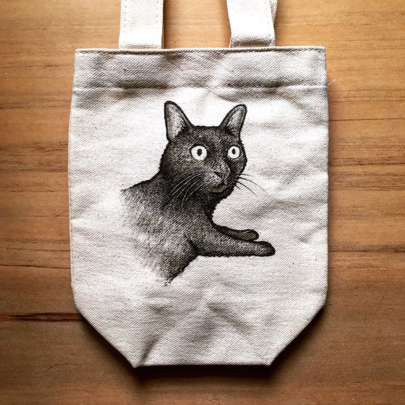 黑猫・定制手绘帆布袋 - 手提包/手提袋 - 棉．麻 白色