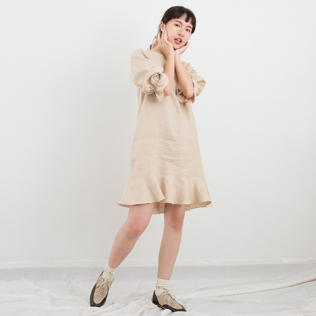 Beige Trumpet Linen Dress - 洋装/连衣裙 - 亚麻 卡其色