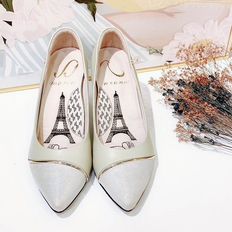 金线拼接尖头跟鞋-优雅黄 - 高跟鞋 - 真皮 