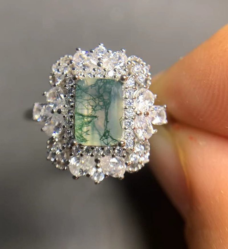 苔藓玛瑙戒指 - 纯银玛瑙戒指 - 矩形苔藓玛瑙 - 精致戒指 - 戒指 - 纯银 