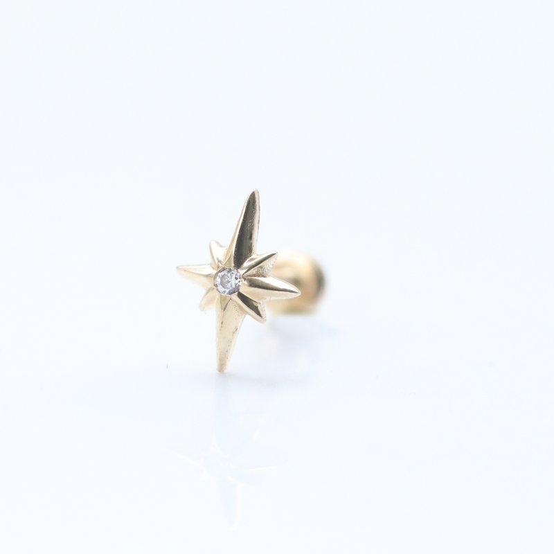 14K 闪耀星芒钻锁珠耳环 (前锁 平底 圆饼) (单个)耳骨耳窝不退色 - 耳环/耳夹 - 贵金属 金色