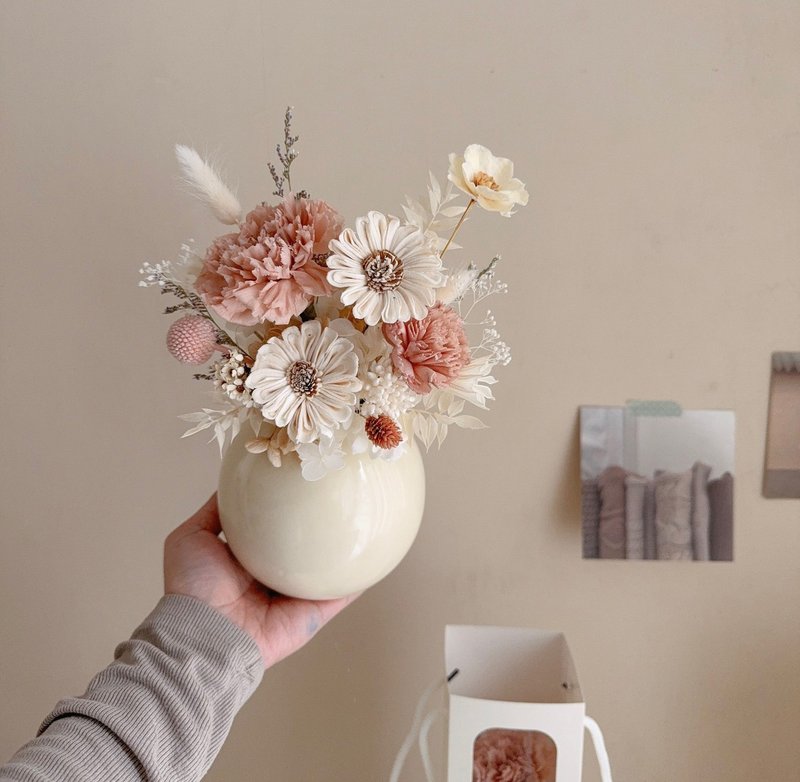 奶霜系列 永生康乃馨圆型盆花 - 干燥花/捧花 - 植物．花 