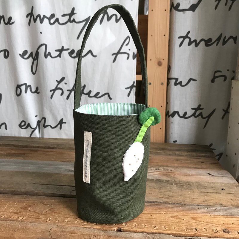 白萝卜饮料袋/水壶袋/深绿底 - 手提包/手提袋 - 棉．麻 白色