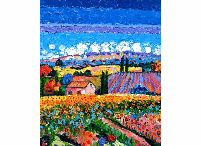 油畫原作 Sunflower Painting 手工油畫 Original Art 油畫 Oil PaintingSmall House Wall Decor - 墙贴/壁贴 - 其他材质 蓝色