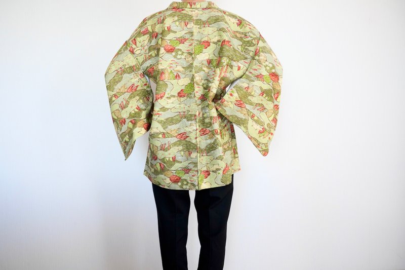Green kimono, Japanese landscape kimono, vintage kimono jacket, Japanese kimono - 女装休闲/机能外套 - 聚酯纤维 绿色