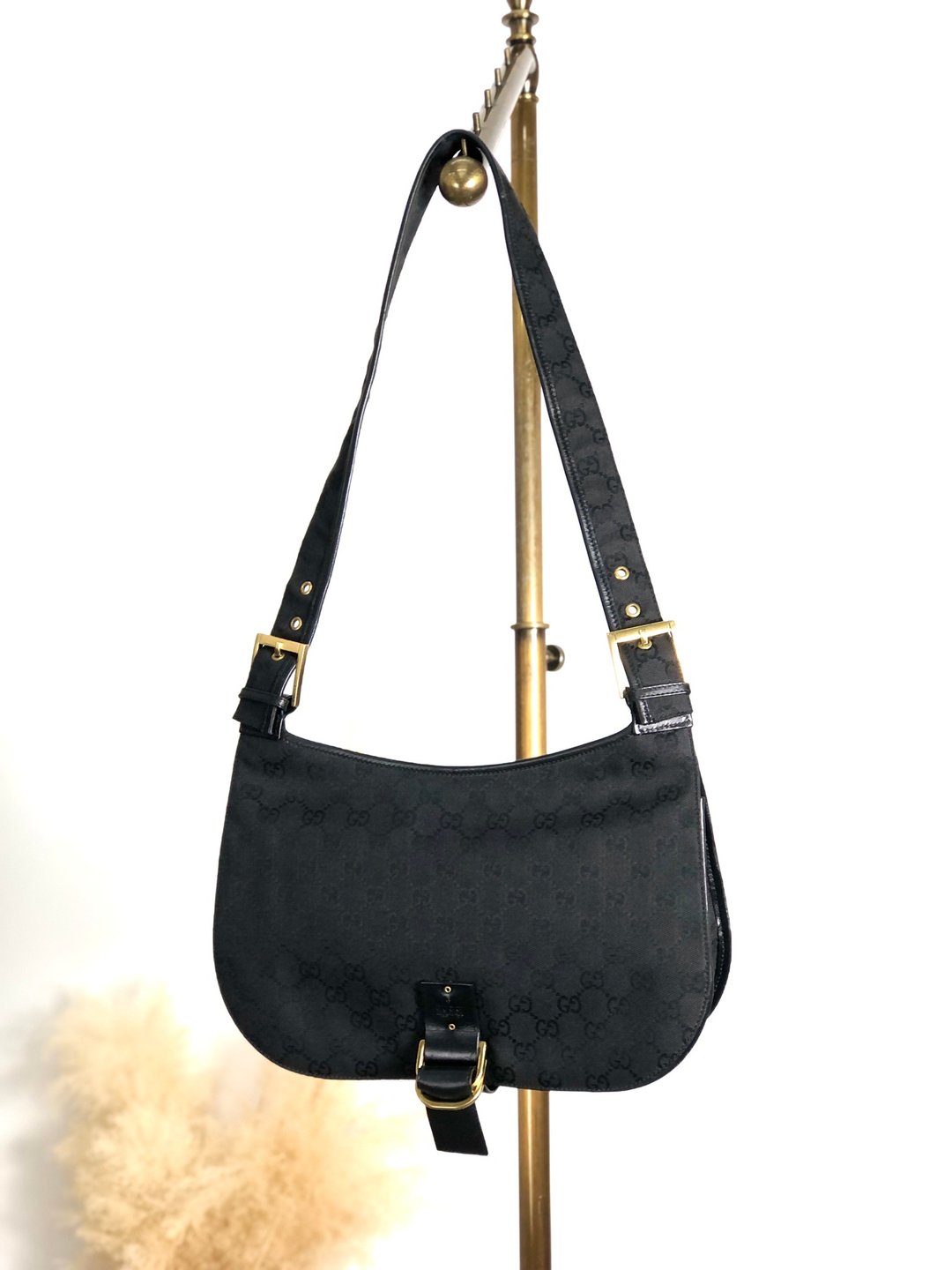 【日本直送 名牌中古包】GUCCI 古驰 GG 帆布 侧肩包 黑色 帆布 vintage 古着 复古 p4jxj7 - 侧背包/斜挎包 - 棉 黑色