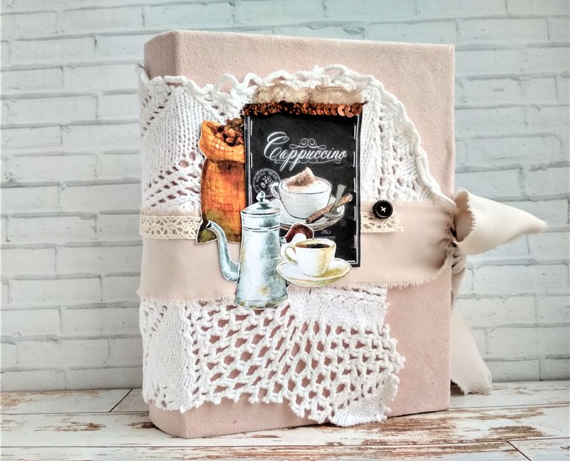 Coffee junk journal handmade Cafe cakes notebook Lace thick junk book vintage - 笔记本/手帐 - 纸 粉红色