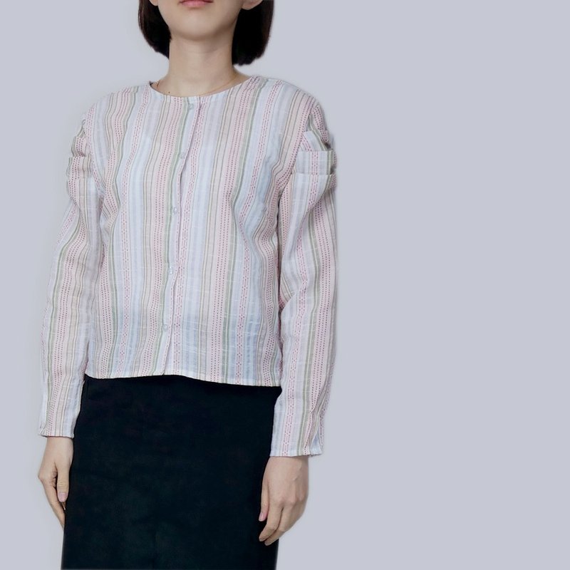 棉麻彩色直条澎袖上衣 - 女装衬衫 - 棉．麻 多色