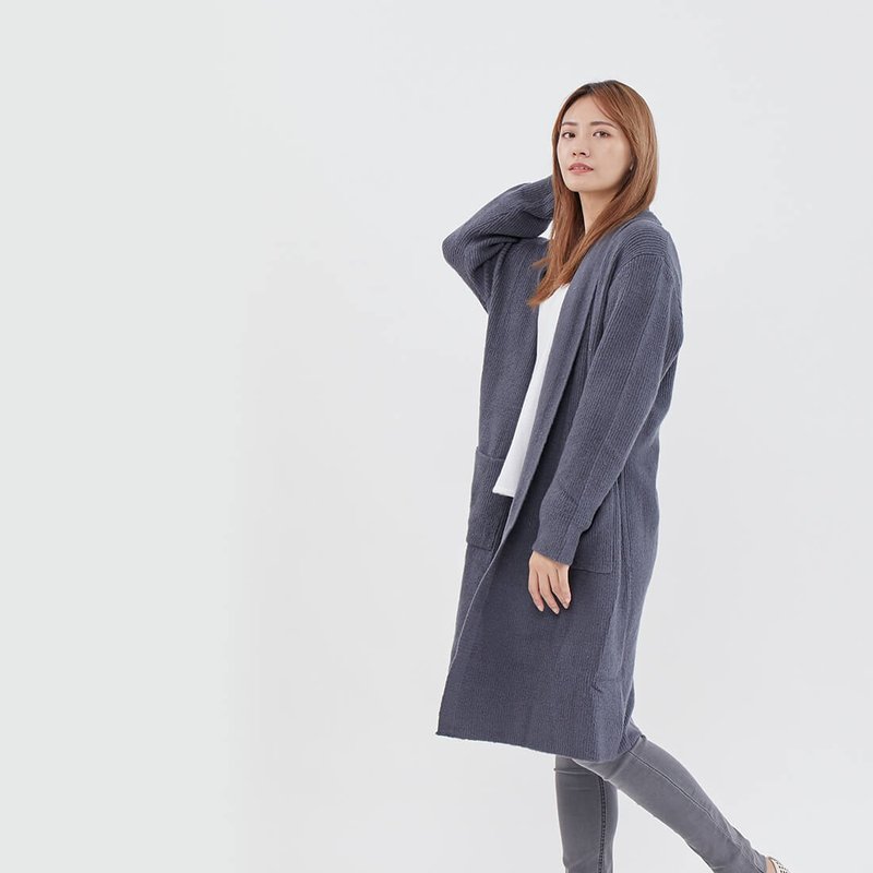 Ula長版翻領針織外套/ 鐵灰 - 女装休闲/机能外套 - 其他人造纤维 灰色