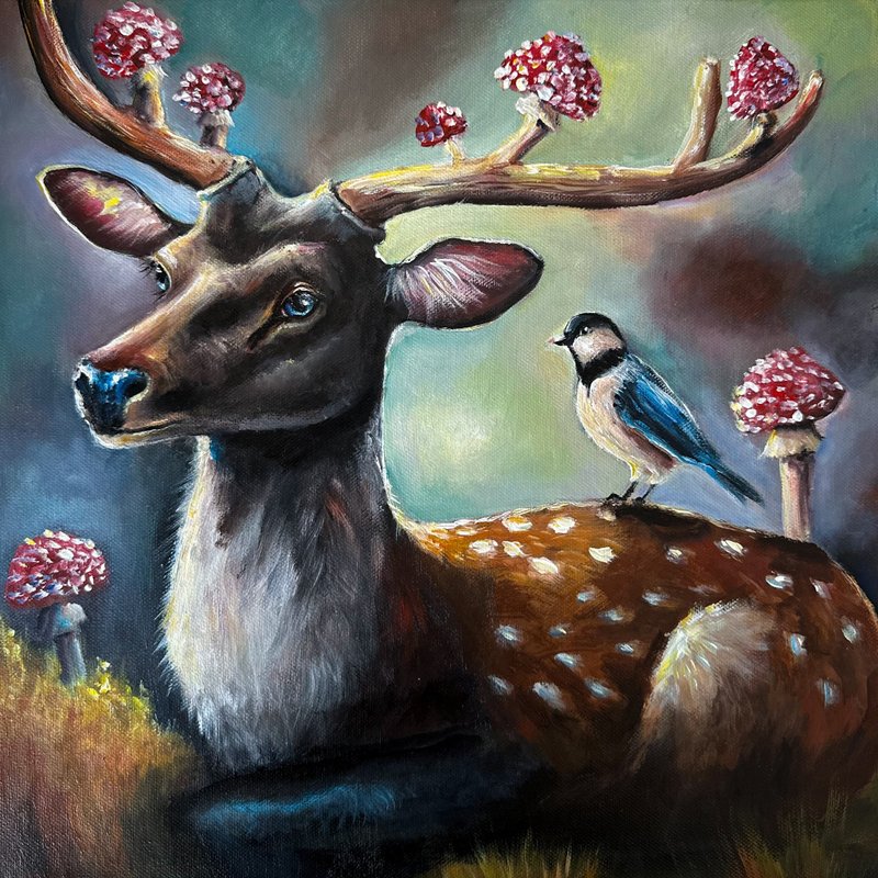 鹿画布画作、鹿墙面装饰、驯鹿墙面艺术、动物装饰、雄鹿艺术 - 墙贴/壁贴 - 棉．麻 多色