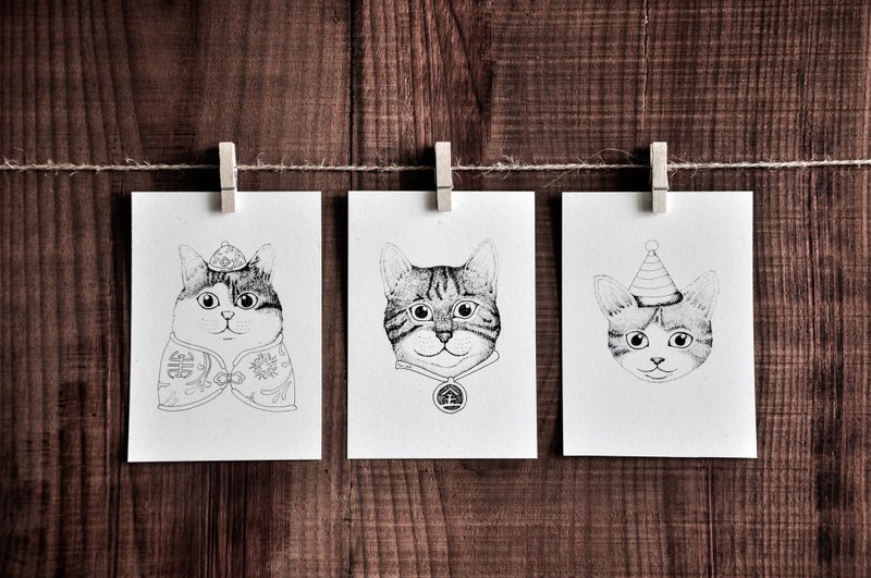 猫肖像系列卡片－中国装猫 / 金太郎猫 / 派对猫 / 明信片 - 卡片/明信片 - 纸 白色