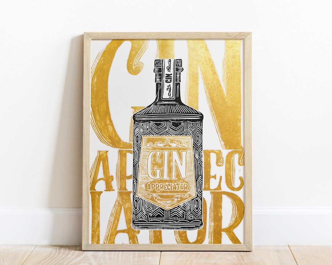 Linocut 印花琴酒鉴赏器原创艺术品现代酒精墙艺术假日 - 海报/装饰画/版画 - 纸 金色