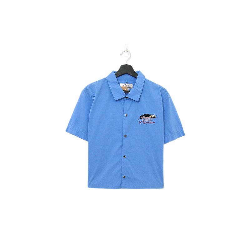 Back to Green-再制短版刺绣衬衫 海军蓝 dv-44//vintage shirt - 女装衬衫 - 棉．麻 