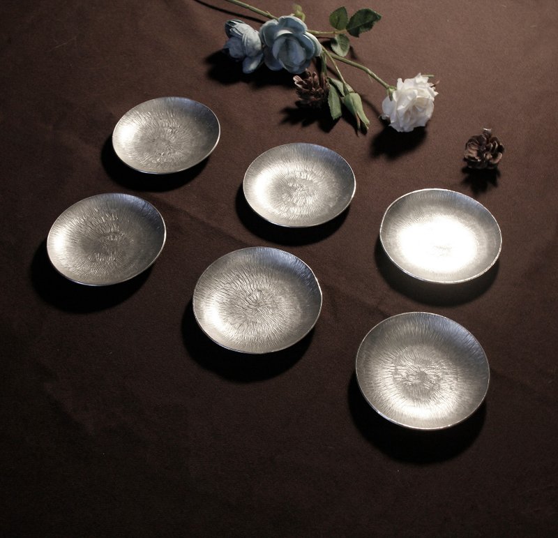 白锡纯手工锻敲毫纹杯托 一组6件(7cm) - 茶具/茶杯 - 其他金属 银色