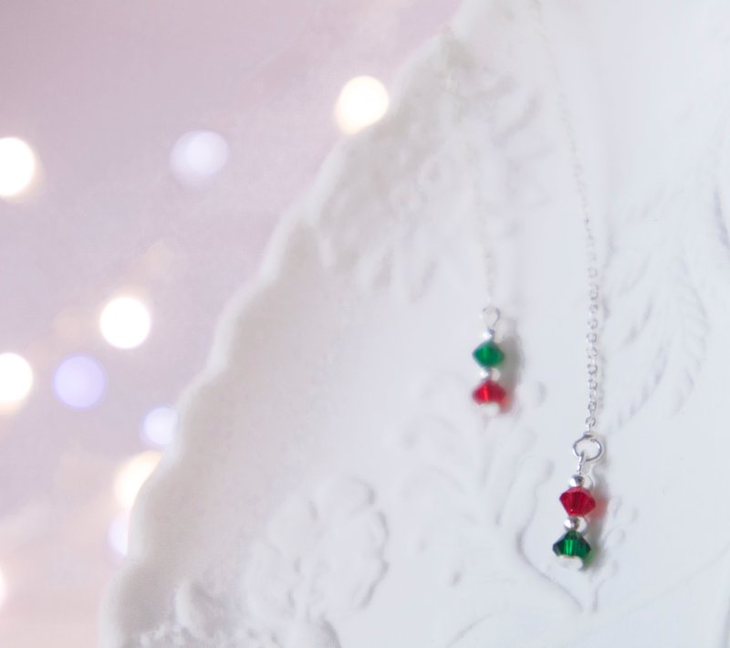 圣诞礼物 / 圣诞红 - 施华洛世奇水晶 925银 长链式耳环 - 耳环/耳夹 - 水晶 红色