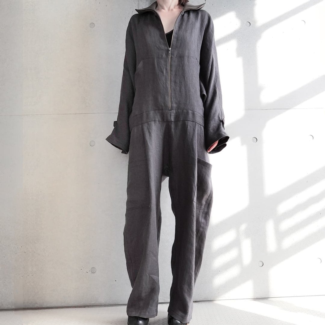 Linen Ribbed Collar Jumpsuit / Coverall - 背带裤/连体裤 - 棉 灰色