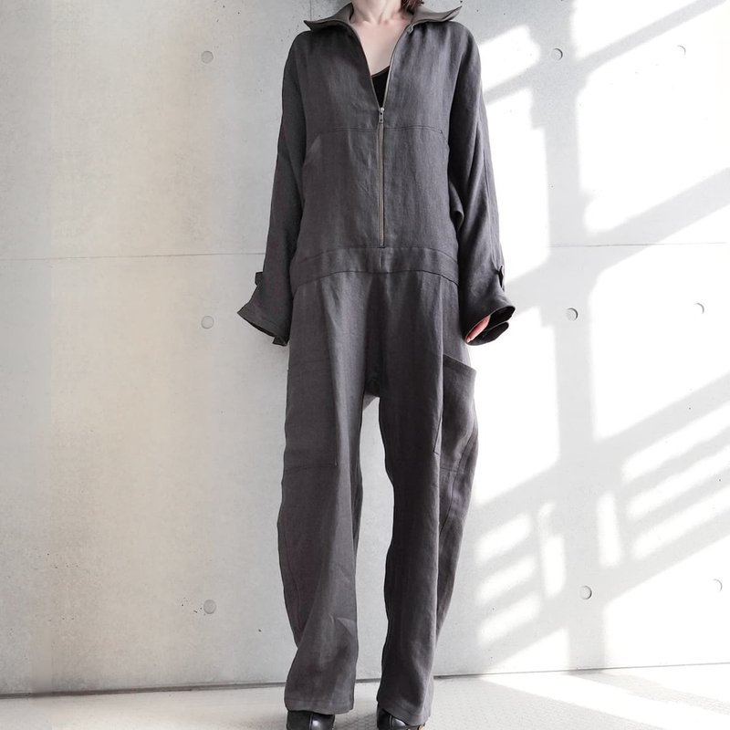 Linen Ribbed Collar Jumpsuit / Coverall - 背带裤/连体裤 - 棉．麻 灰色