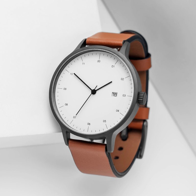 BIJOUONE彼树湾B30深灰极简设计男女款真皮表带日历防水精钢手表 - 女表 - 不锈钢 灰色