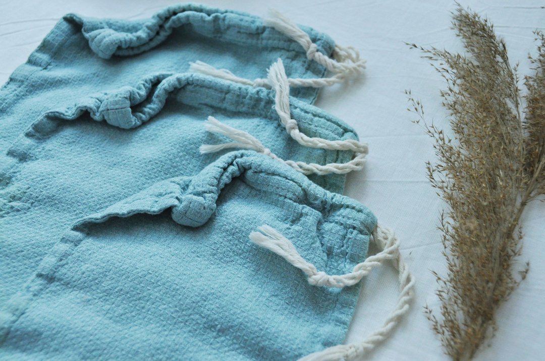 Zero waste waffle linen bag / Bags set / Reusable washable eco food storage - 束口袋双肩包 - 亚麻 蓝色