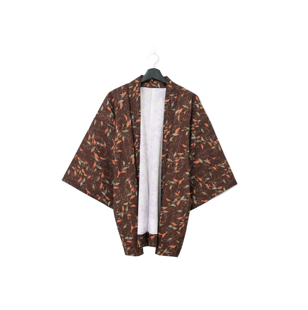 Back to Green-日本带回羽织 枝叶满版 咖 kb-58/vintage kimono - 女装休闲/机能外套 - 丝．绢 