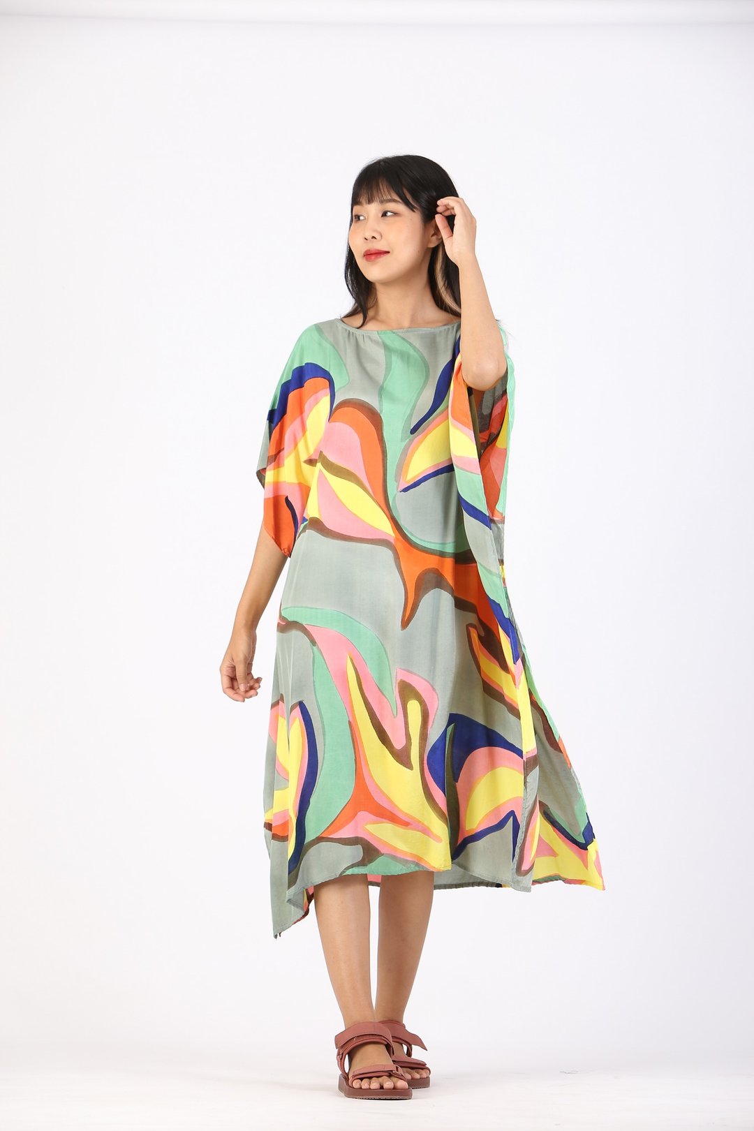 Hand Painted Cotton Silk Kaftan for Summer Resort Vacation F - 洋装/连衣裙 - 棉．麻 绿色