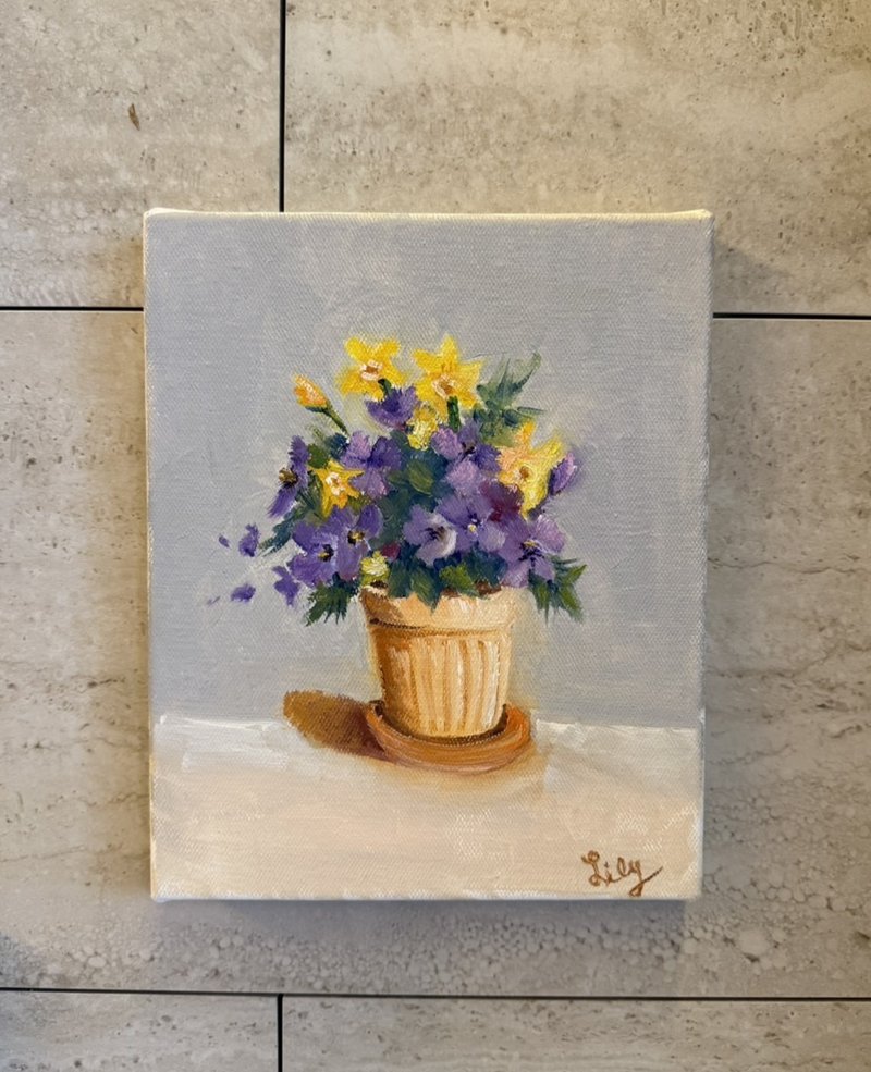 小花盆的春天 - 黄紫花卉油画 手绘原作 小品画 - 海报/装饰画/版画 - 棉．麻 