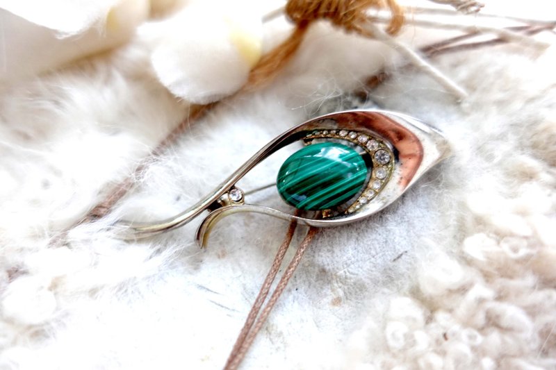 k18绿色孔雀石宝石胸针心口针别针 日本中古高级水晶古着珠宝首饰 - 胸针 - 其他金属 绿色