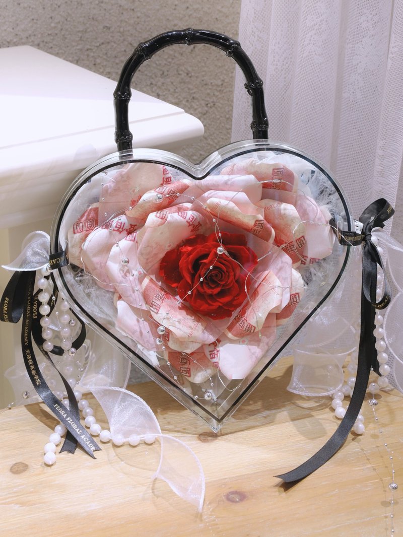 爱心钞票花盒/山茶花型/情人节礼物/时尚手提盒/有钱花 - 干燥花/捧花 - 其他材质 粉红色