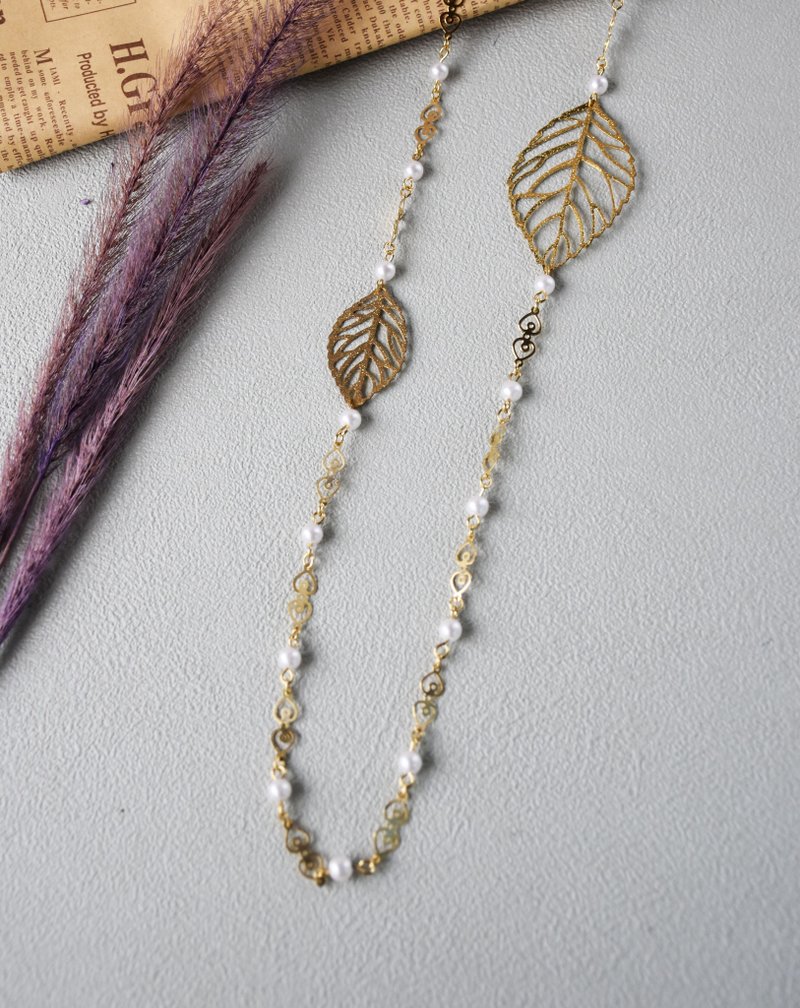 镂空双叶片珍珠项链 - 长链 - 珍珠 绿色