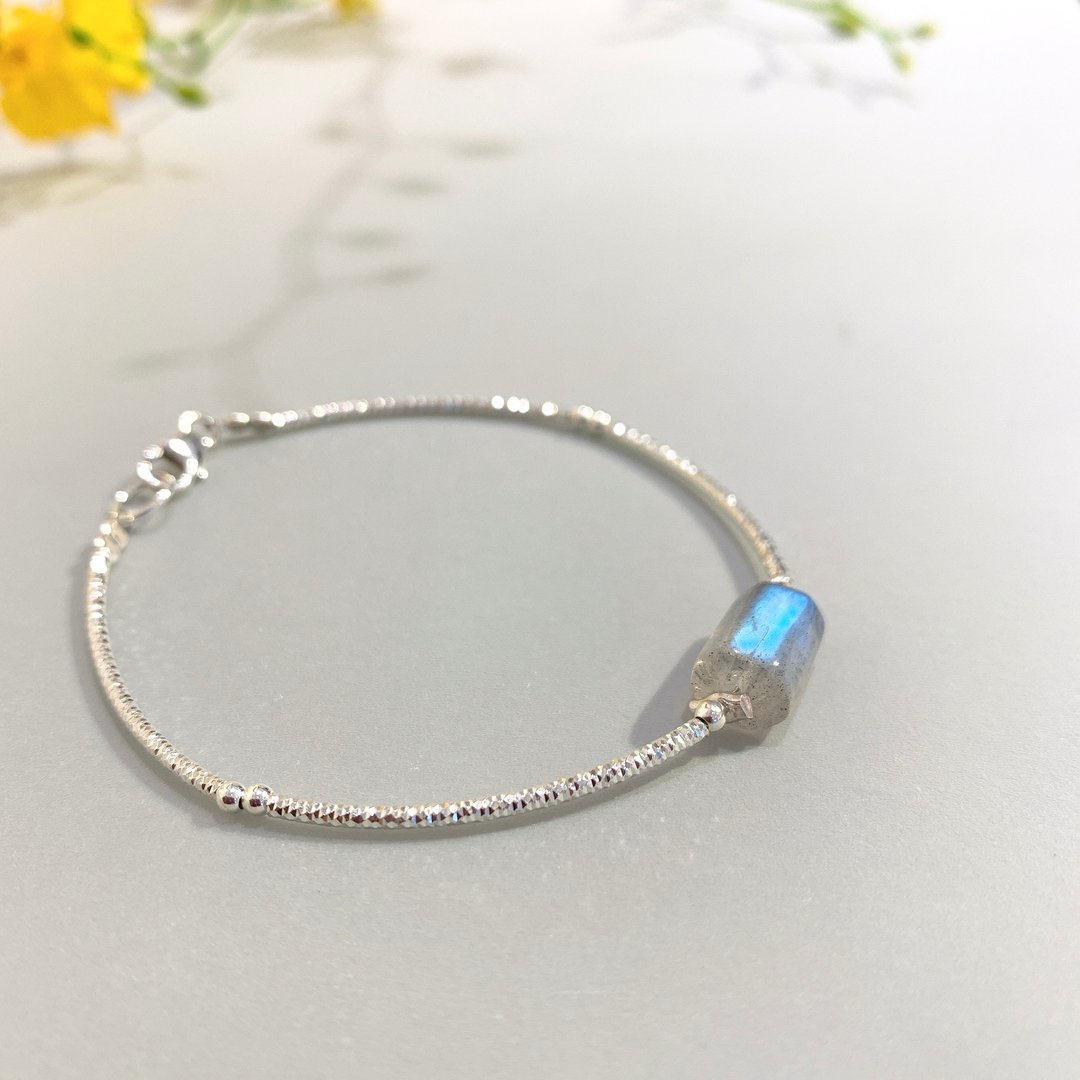Ops Labradorite bracelet -蓝光拉长石/纯银/手工绳编/独特/简约 - 手链/手环 - 宝石 银色