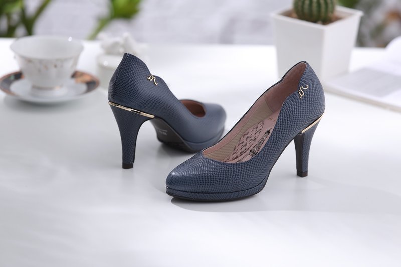 Venus-自信深黛蓝-蛇纹微尖头真皮高跟鞋 - 高跟鞋 - 真皮 蓝色