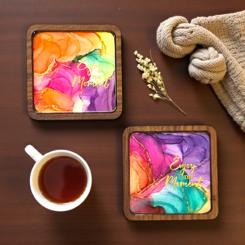 酒精墨水艺术胡桃木正方型杯垫套装 (C) - 杯垫 - 其他材质 多色