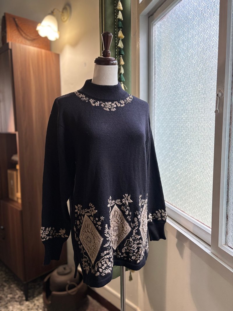 串珠民族风刺绣纯黑长版古着毛衣 - 女装针织衫/毛衣 - 羊毛 黑色